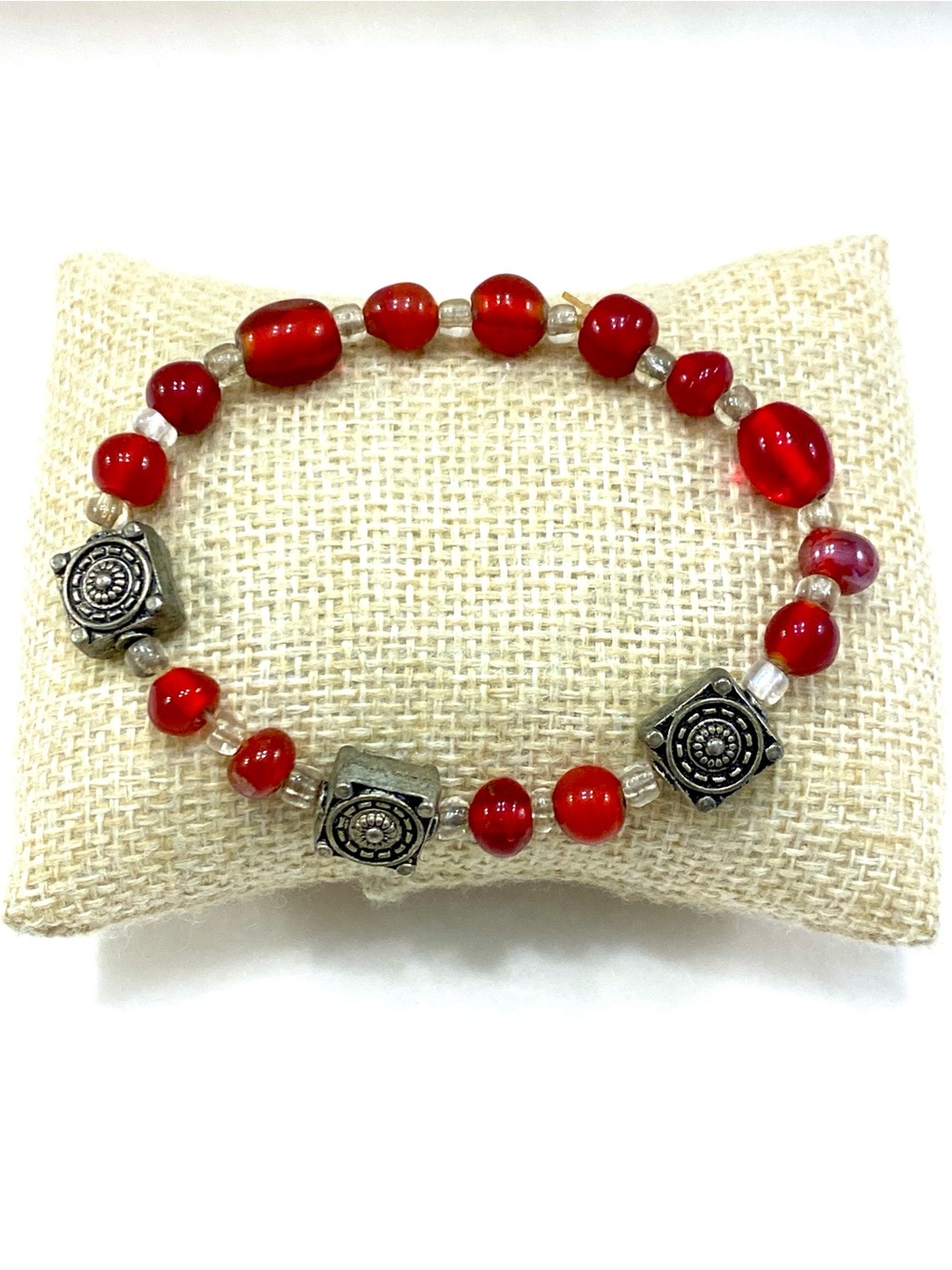 Vintage Handmade Red Glass Bead Stretch Bracelet Antiqued Silver Tribal Block